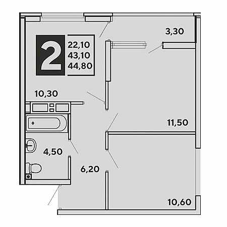 1 комнатная 44.8м²