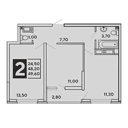 2 комнатная 49.6м²