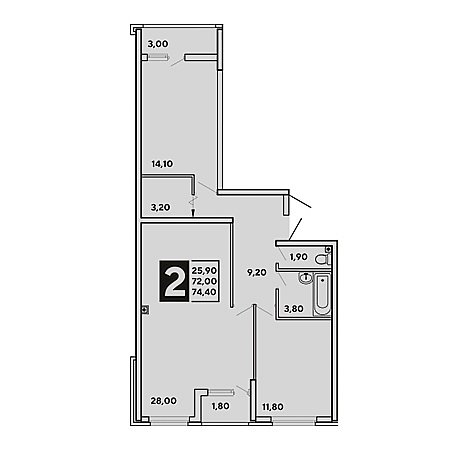 2 комнатная 74.4м²