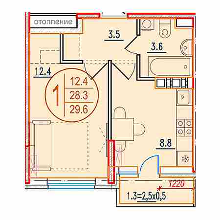 1 комнатная 29.6м²