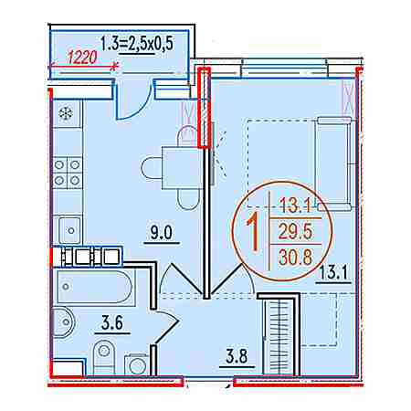 1 комнатная 30.8м²