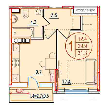 1 комнатная 31.3м²