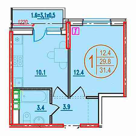 1 комнатная 31.4м²