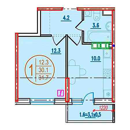 1 комнатная 31.7м²