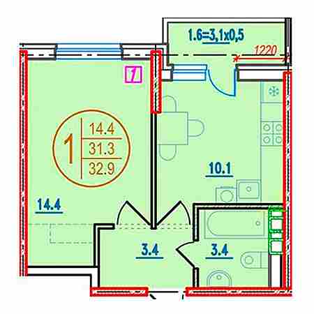 1 комнатная 32.9м²