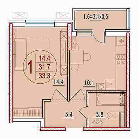 1 комнатная 33.3м²