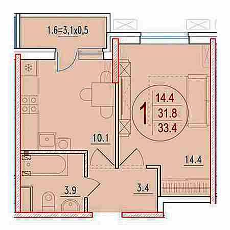 1 комнатная 33.4м²