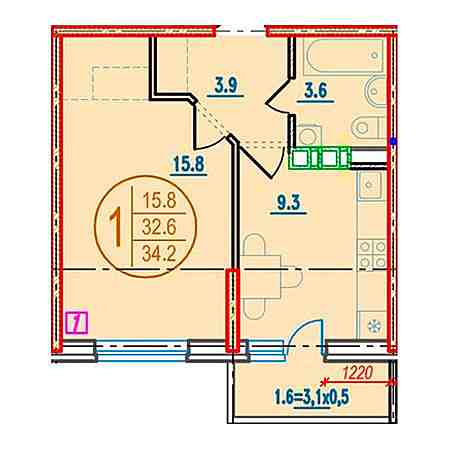 1 комнатная 34.2м²