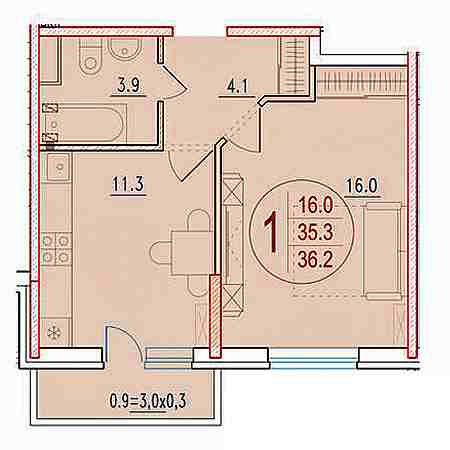 1 комнатная 36.2м²