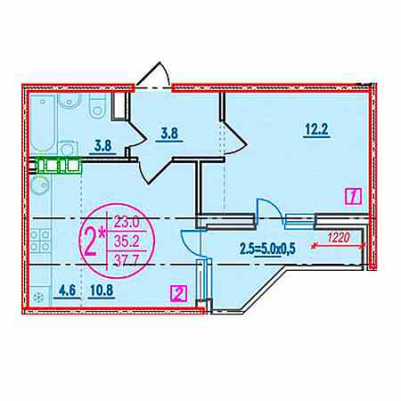 2 комнатная 37.7м²