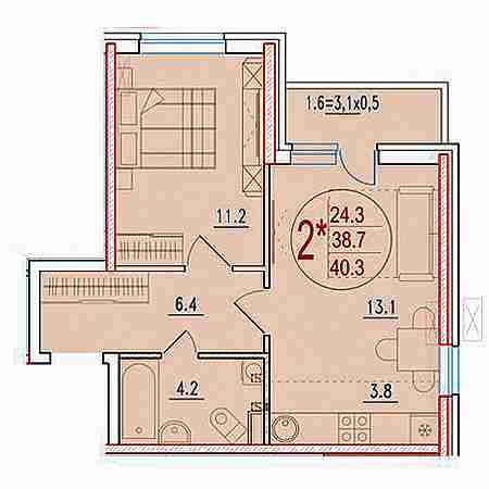 2 комнатная 40.3м²