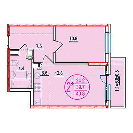 2 комнатная 40.8м²