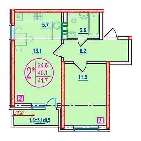 2 комнатная 41.7м²