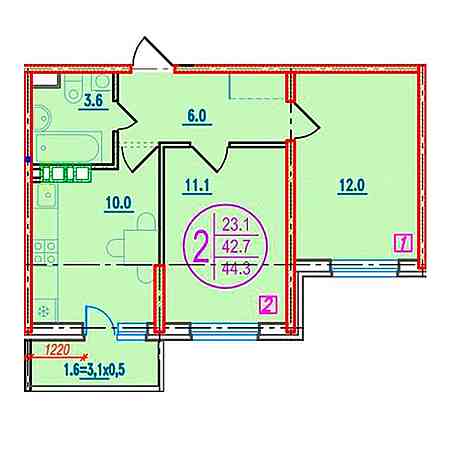 2 комнатная 44.3м²