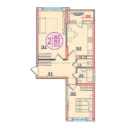 2 комнатная 51.3м²