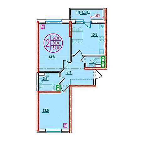 2 комнатная 51.8м²