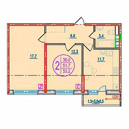 2 комнатная 53.2м²