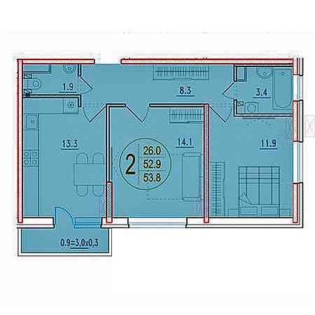 2 комнатная 53.8м²