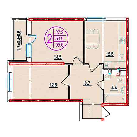 2 комнатная 55.6м²