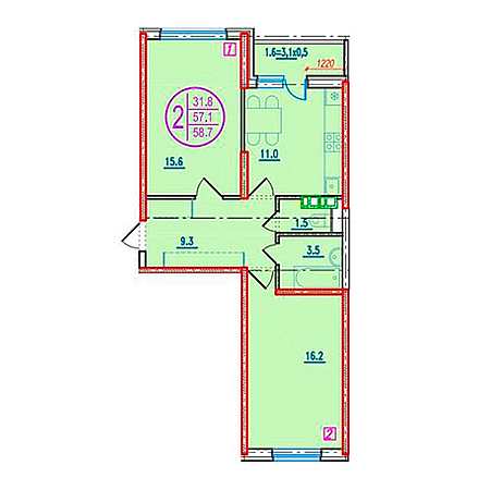 2 комнатная 58.7м²