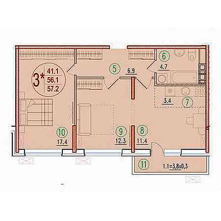 3 комнатная 57.2м²