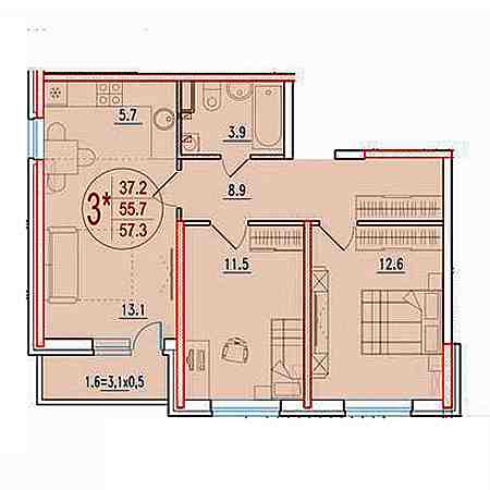 3 комнатная 57.3м²