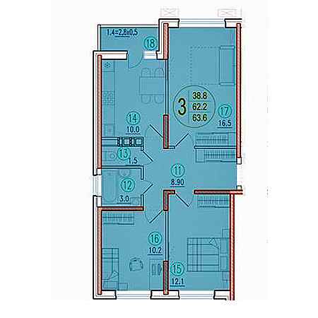 3 комнатная 63.6м²