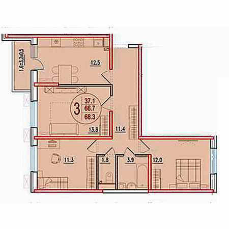 3 комнатная 68.3м²