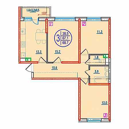 3 комнатная 68.7м²