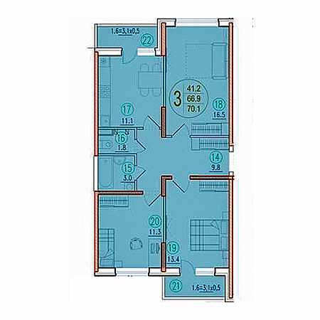 3 комнатная 70.1м²