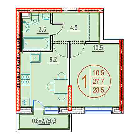 1 комнатная 28.5м²