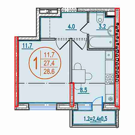 1 комнатная 28.6м²