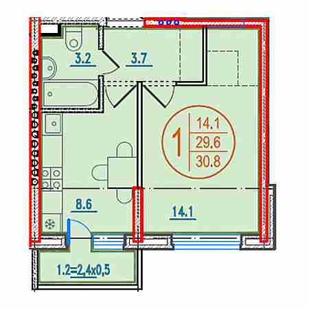 1 комнатная 30.8м²