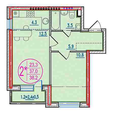 2 комнатная 38.2м²