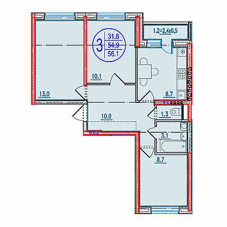 3 комнатная 56.1м²