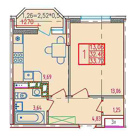 1 комнатная 33.72м²