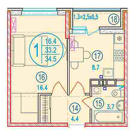 1 комнатная 34.5м²