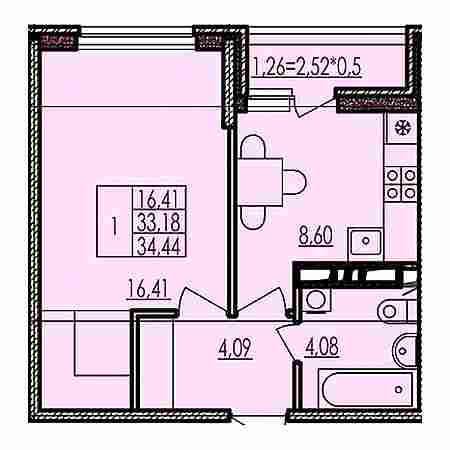 1 комнатная 34.44м²