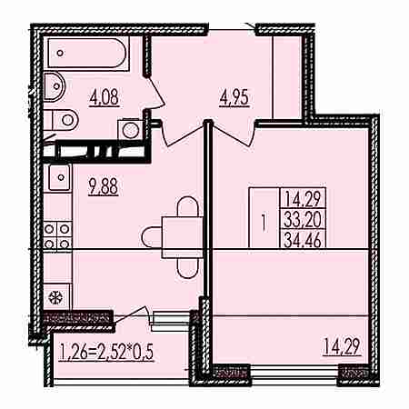 1 комнатная 34.46м²