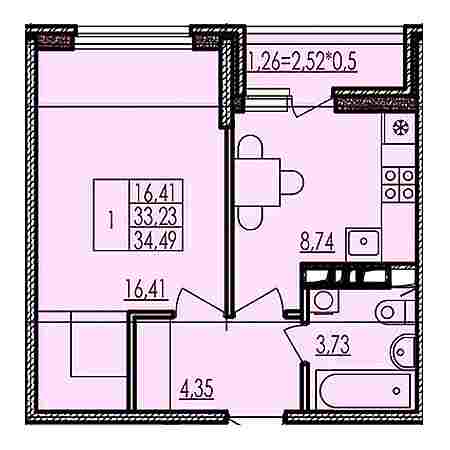 1 комнатная 34.49м²