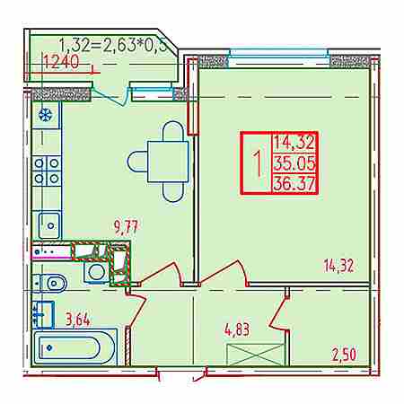 1 комнатная 36.37м²