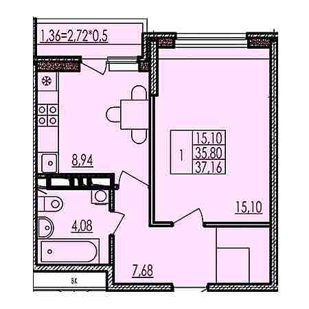 1 комнатная 37.16м²