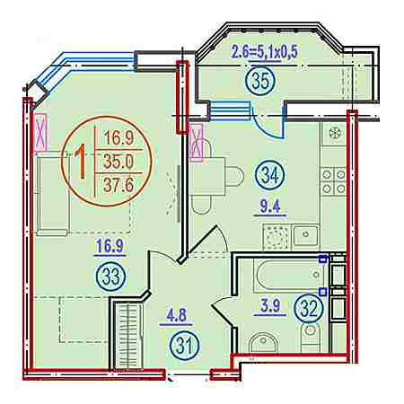 1 комнатная 37.6м²