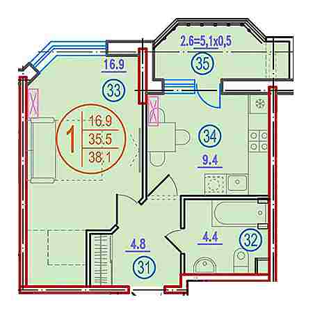 1 комнатная 38.1м²