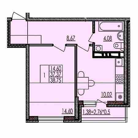 1 комнатная 38.75м²