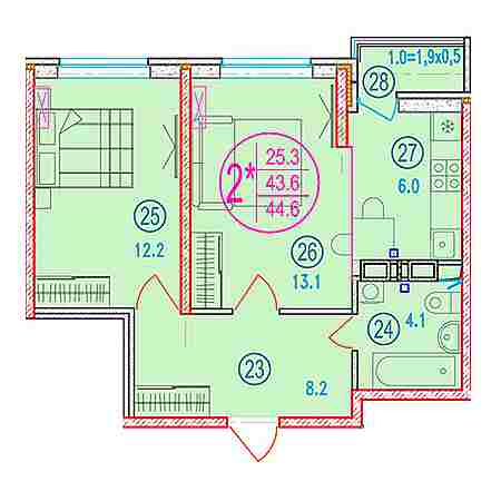 2 комнатная 44.6м²