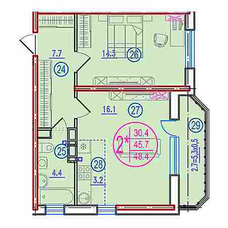 2 комнатная 48.4м²