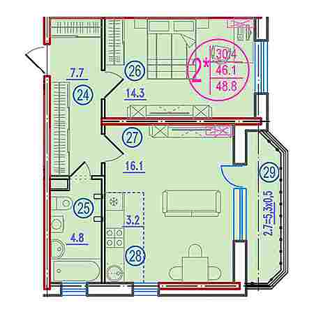 2 комнатная 48.8м²