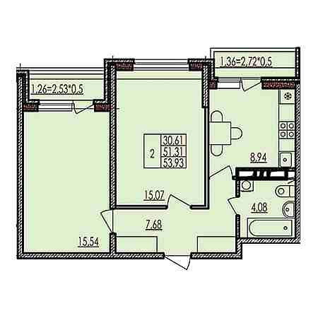 2 комнатная 53.93м²