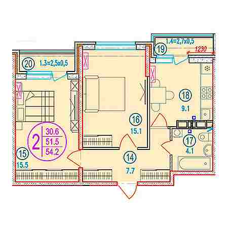 2 комнатная 54.2м²